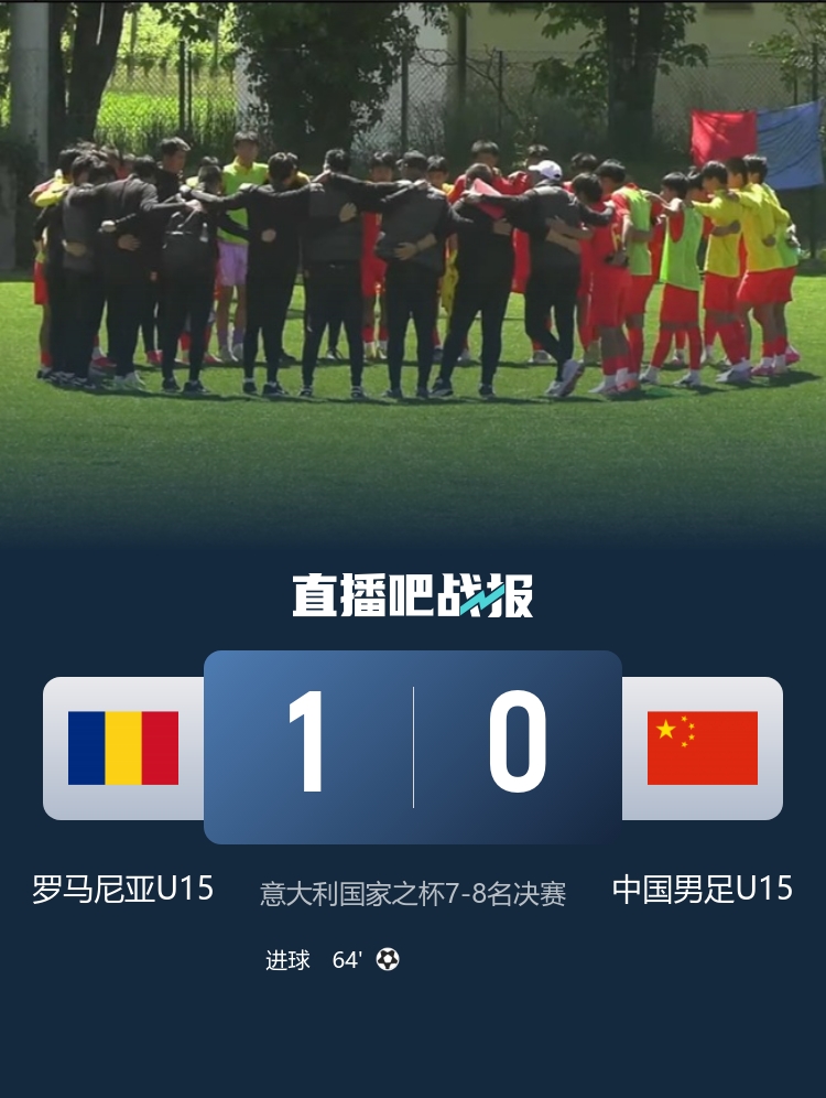 意大利國家杯七至八名決賽：中國U15男足0-1羅馬尼亞，最終排名第八